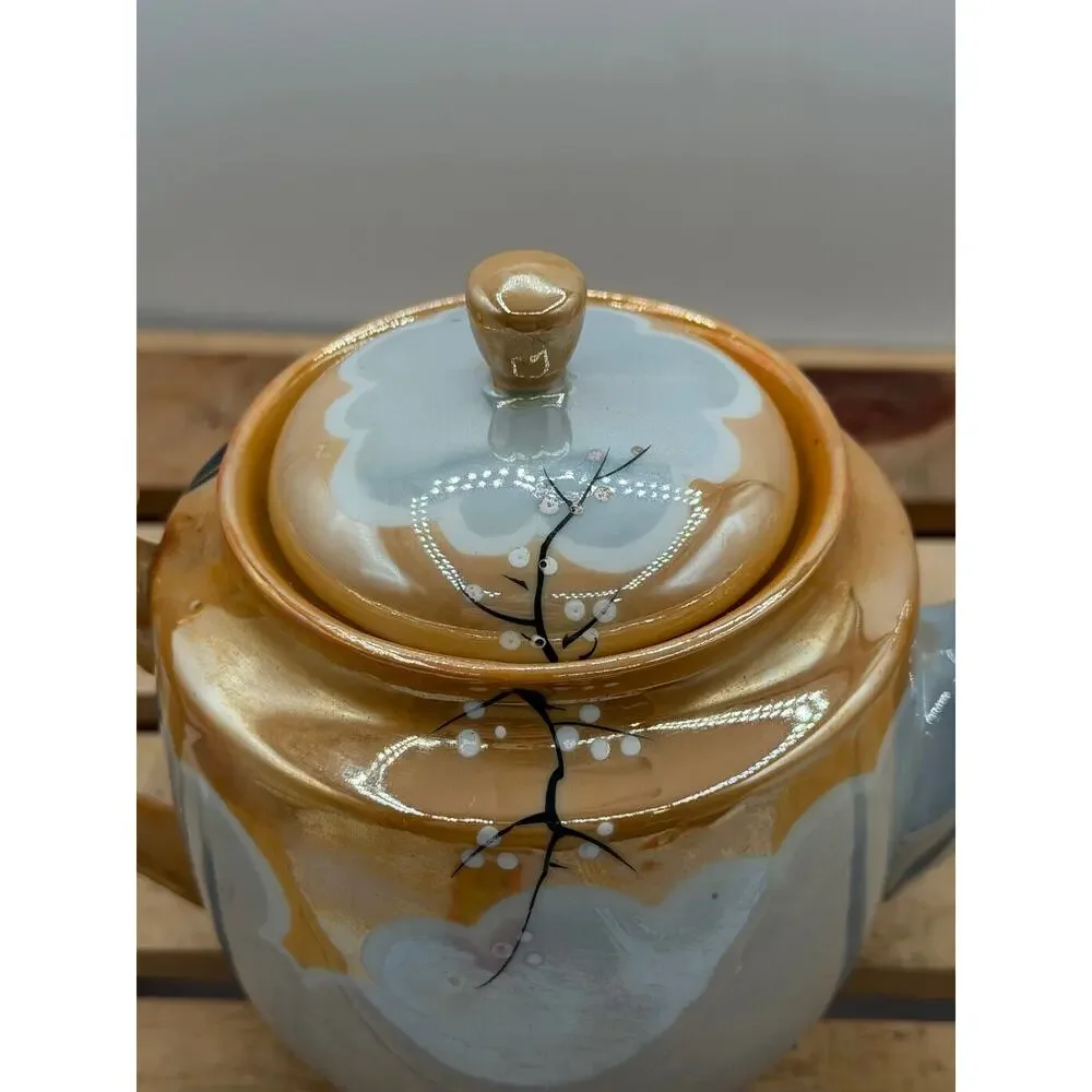 Vintage Hand-Painted Lustreware Teapot with Floral Design and Iridescent Finish